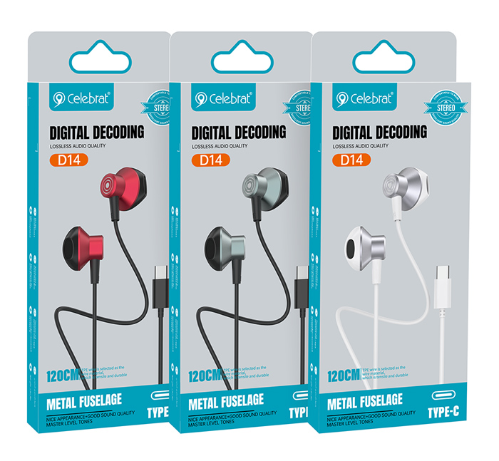 CELEBRAT earphones με μικρόφωνο D14, USB-C σύνδεση, Φ14mm, 1.2m, μαύρα