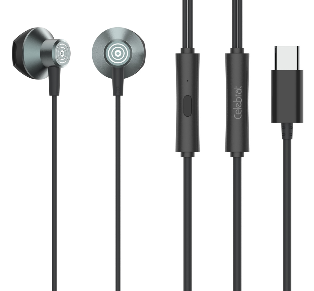 CELEBRAT earphones με μικρόφωνο D14, USB-C σύνδεση, Φ14mm, 1.2m, μαύρα
