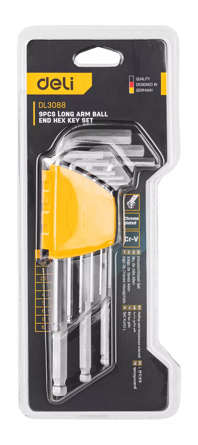 DELI σετ κλειδιά Allen DL3088 με μακρύ βραχίονα, 1.5-10mm, Cr-V, 9τμχ