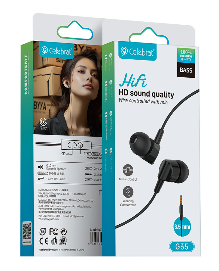CELEBRAT earphones με μικρόφωνο G35, 3.5mm σύνδεση, 10mm, 1.2m, μαύρα