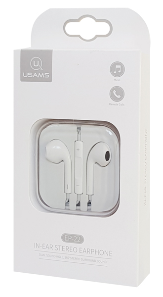USAMS earphones με μικρόφωνο EP-22, 3.5mm σύνδεση, Φ14mm, 1.2m, λευκά