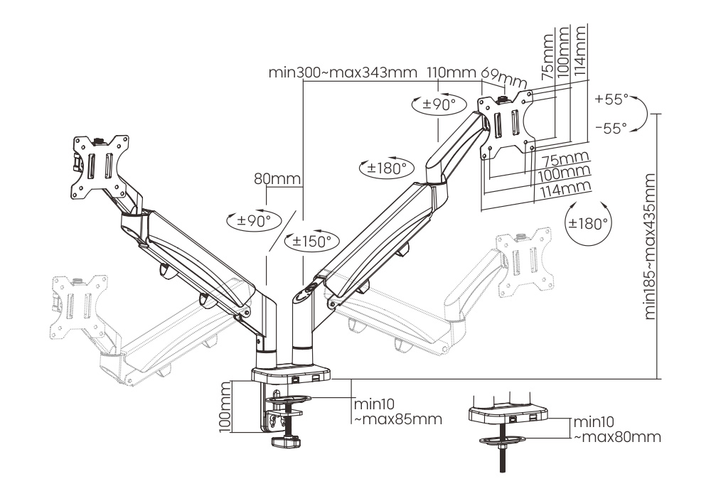 BRATECK βάση γραφείου LDT56-C024 για 2 οθόνες 17″-32″, έως 9kg ανά οθόνη
