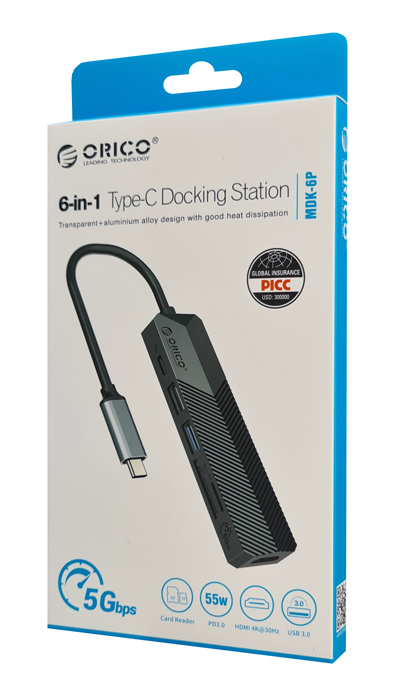 ORICO docking station MDK-6P, 6 θυρών, USB-C σύνδεση, 55W PD, 4K, μαύρο