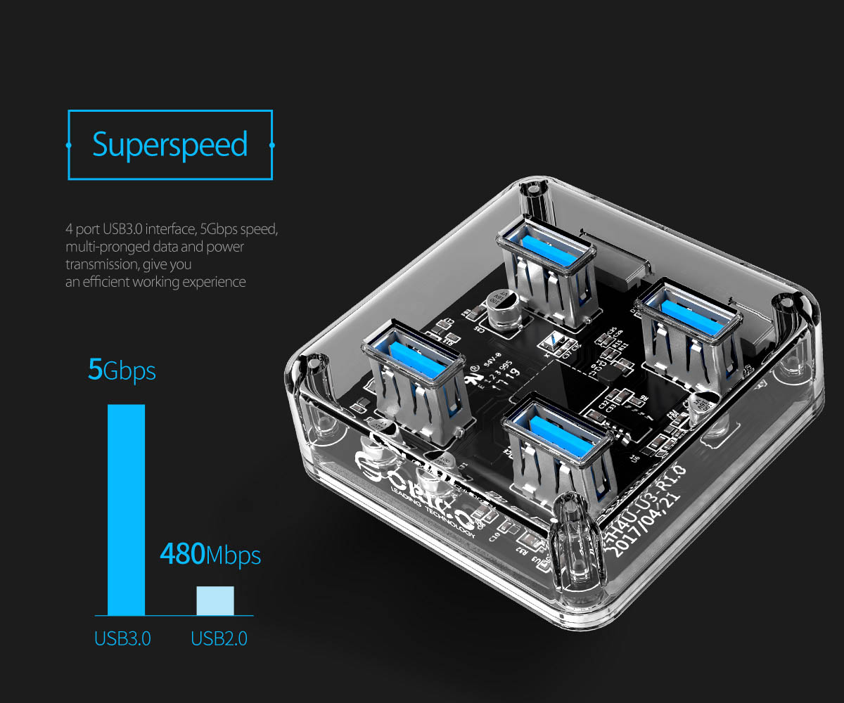 ORICO USB hub MH4U-U3, 4x θυρών, 5Gbps, διάφανο