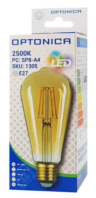 OPTONICA LED λάμπα ST64 1305, 8W, 2500K, E27, 700lm