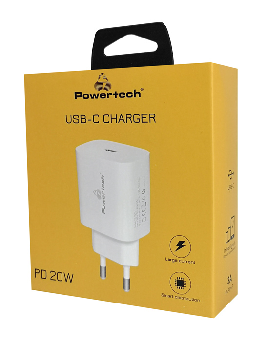 POWERTECH φορτιστής τοίχου PT-1091, USB-C, PD 20W, λευκός