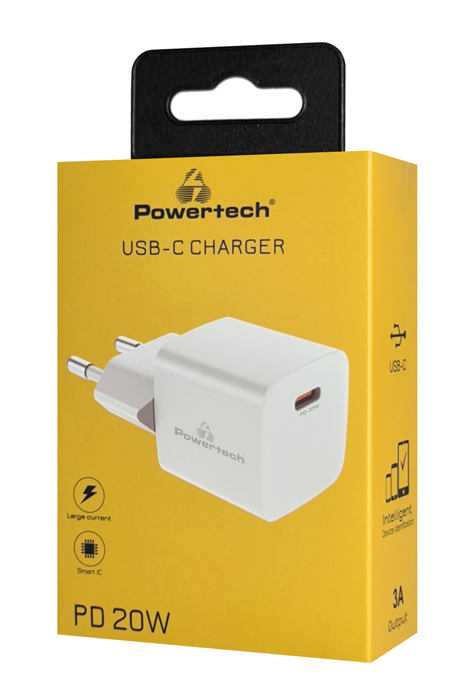 POWERTECH φορτιστής τοίχου PT-1223, USB-C, 20W, λευκός