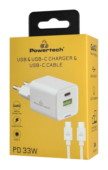POWERTECH φορτιστής τοίχου PT-1224, καλώδιο, USB/USB-C, 33W, GaN, λευκός