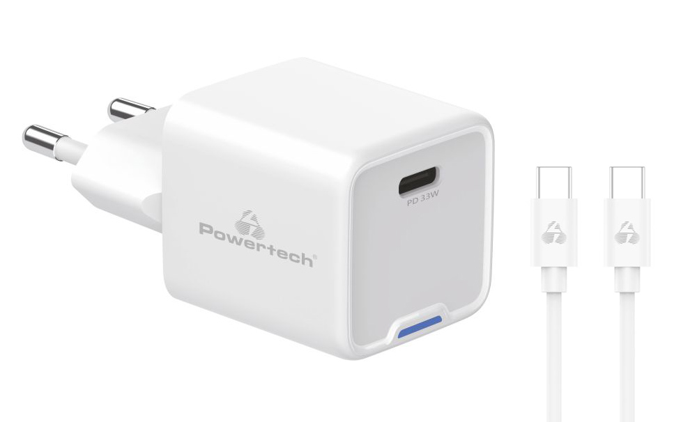 POWERTECH φορτιστής τοίχου PT-1225 με καλώδιο, USB-C, 33W, GaN, λευκός