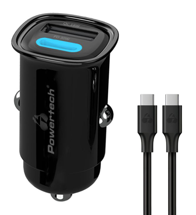 POWERTECH φορτιστής αυτοκινήτου PT-1229, καλώδιο, USB/USB-C, 30W, μαύρος