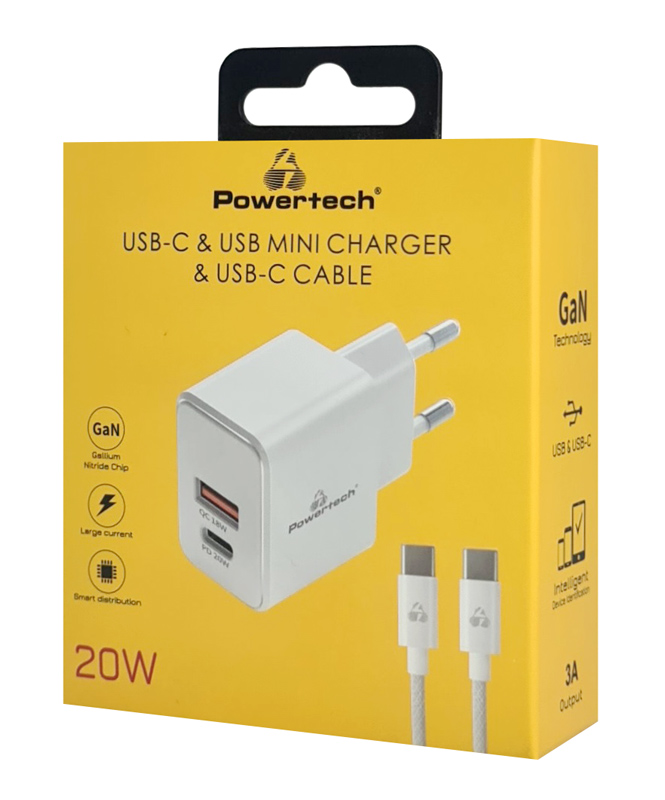 POWERTECH φορτιστής τοίχου PT-1248, καλώδιο, USB/USB-C, 20W, GaN, λευκός