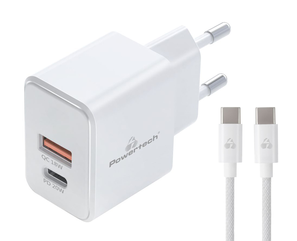 POWERTECH φορτιστής τοίχου PT-1248, καλώδιο, USB/USB-C, 20W, GaN, λευκός