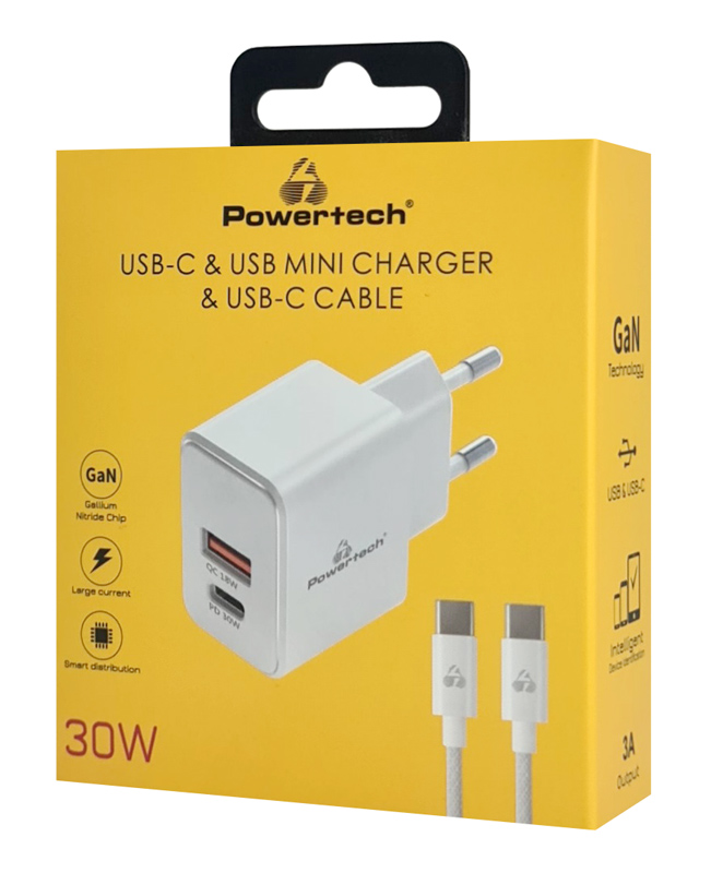 POWERTECH φορτιστής τοίχου PT-1249, καλώδιο, USB/USB-C, 30W, GaN, λευκός