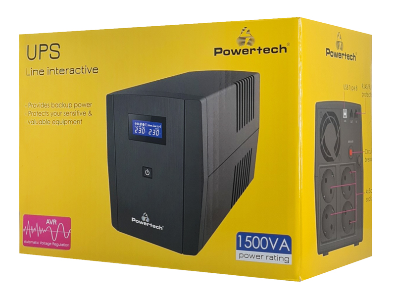 POWERTECH UPS Line Interactive PT-1297 με οθόνη, 1500VA, 900W, 4x Schuko, 2x RJ45/RJ11, USB Type B