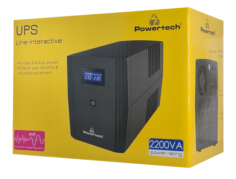 POWERTECH UPS Line Interactive PT-1298 με οθόνη, 2200VA, 1320W, 4x Schuko, 2x RJ45/RJ11, USB Type B