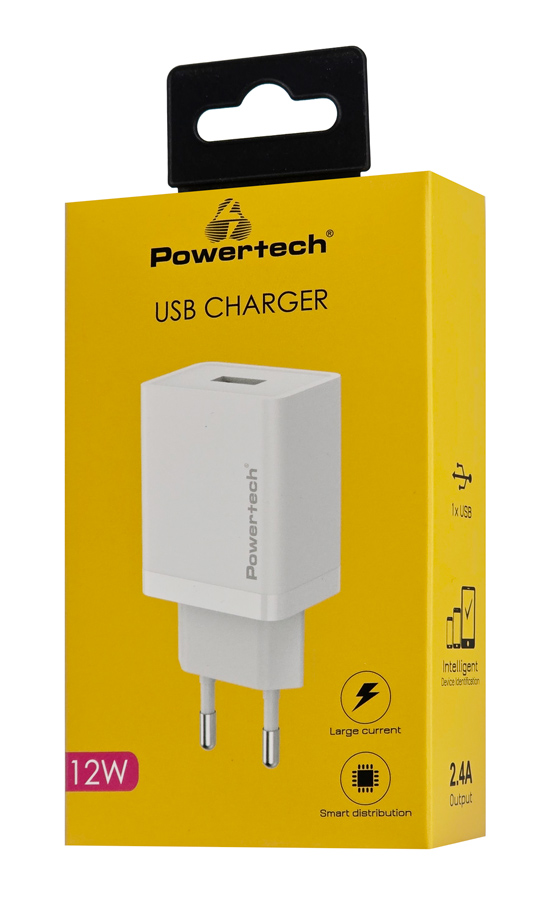 POWERTECH φορτιστής τοίχου PT-1320, USB, 12W, λευκός