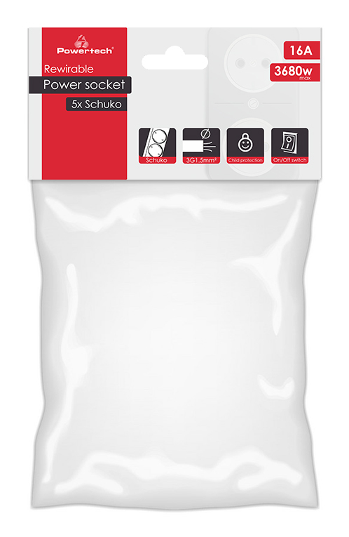 POWERTECH πολύπριζο PT-886, 5x schuko, 16A, χωρίς καλώδιο, λευκό