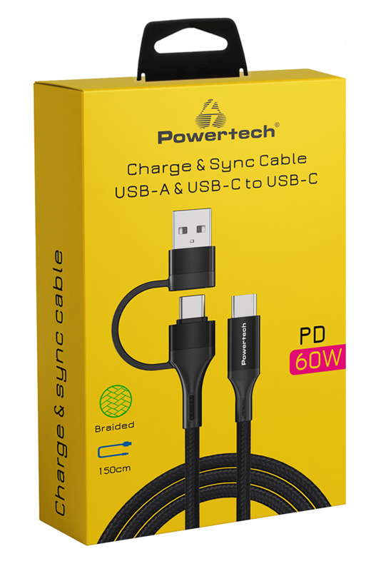 POWERTECH καλώδιο USB & USB-C σε USB-C PTR-0158, PD 60W, copper, 1.5m, μαύρο