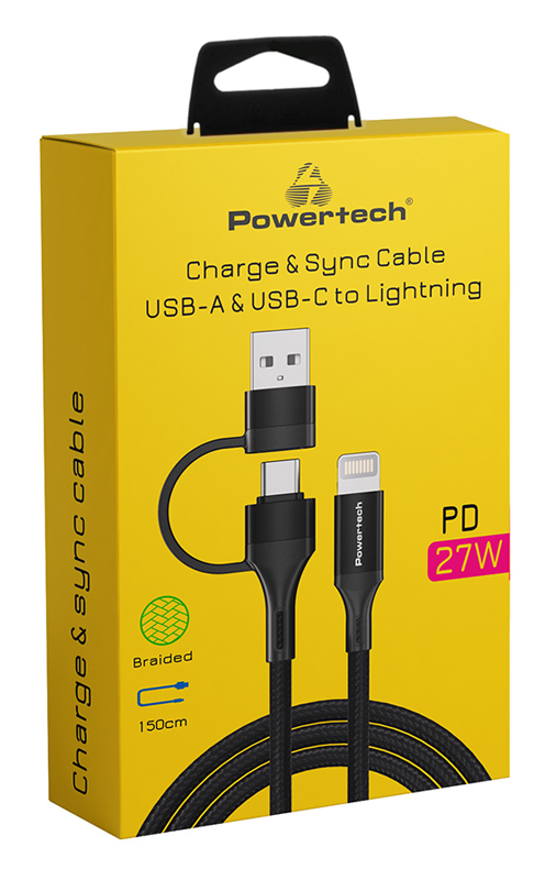 POWERTECH καλώδιο USB & USB-C σε Lightning PTR-0159, PD 27W, copper, 1.5m, μαύρο