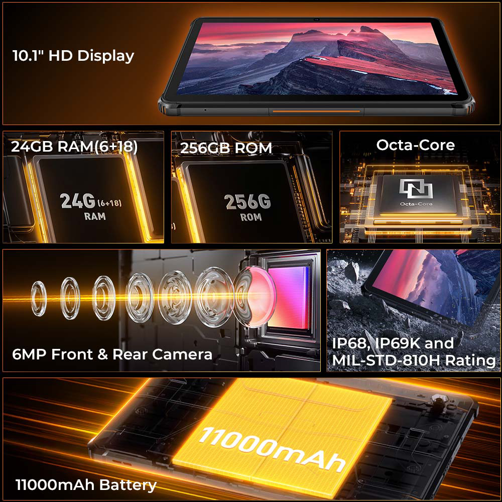 OUKITEL tablet RT9, 10.1″, 6/256GB, 4G, 11000mAh, IP68/IP69K, μαύρο