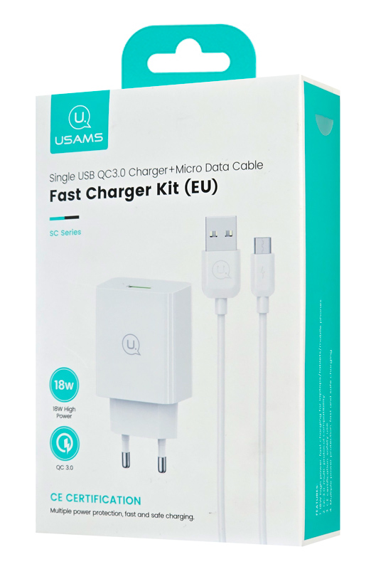 USAMS φορτιστής τοίχου SCXLTZ01 με καλώδιο micro USB, USB, 18W, λευκός