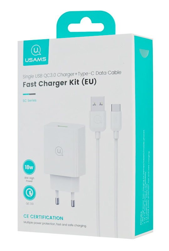 USAMS φορτιστής τοίχου SCXLTZ02 με καλώδιο USB-C, USB, 18W, λευκός