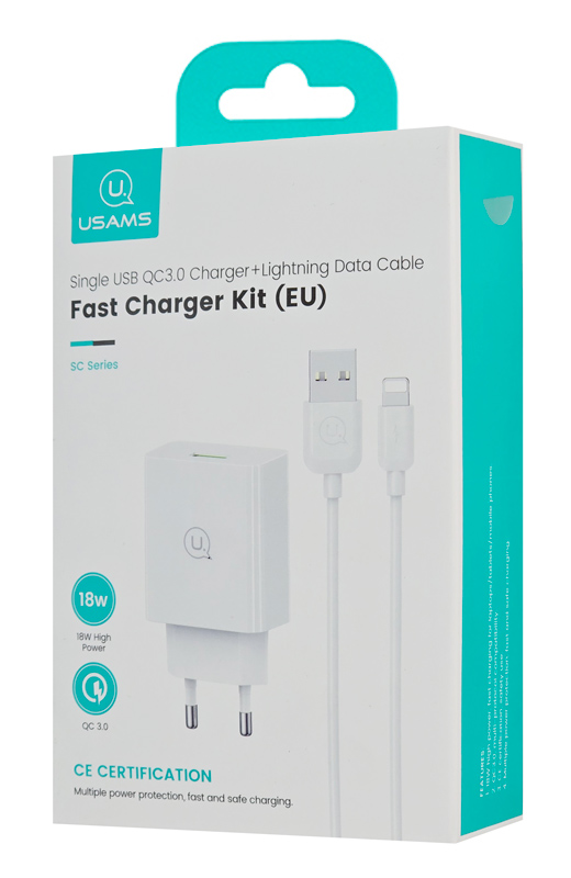 USAMS φορτιστής τοίχου SCXLTZ03 με καλώδιο Lightning, USB, 18W, λευκός