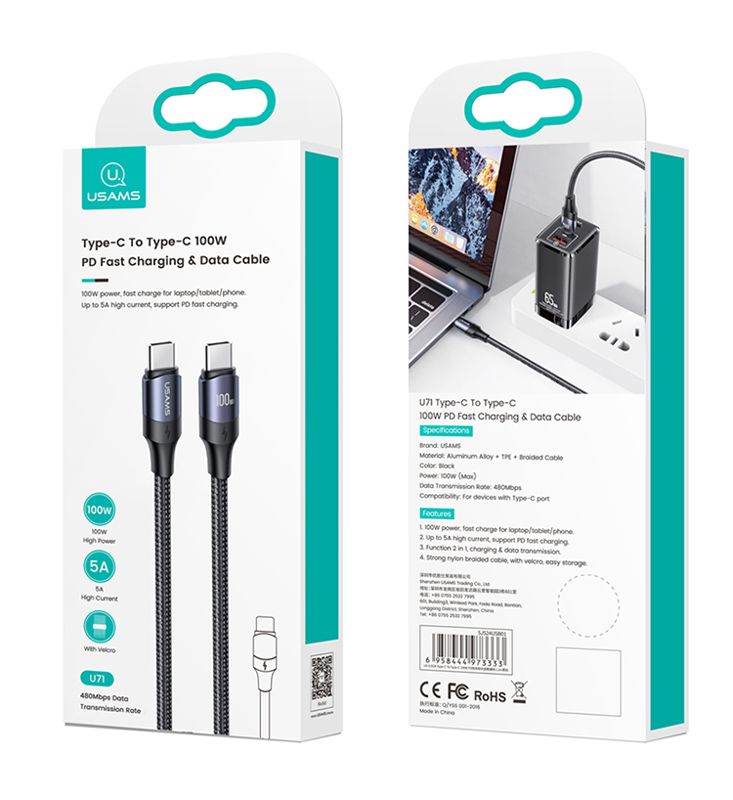 USAMS καλώδιο USB-C US-SJ526, 100W/5A, PD, 3m, μαύρο