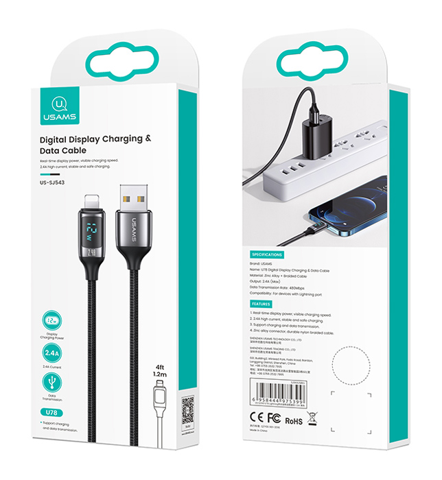 USAMS καλώδιο Lightning σε USB US-SJ543, 12W, 1.2m, μαύρο