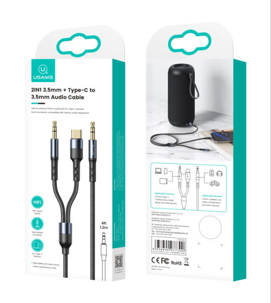 USAMS καλώδιο ήχου 3.5mm σε USB-C & 3.5mm US-SJ555, 1.2m, μαύρο
