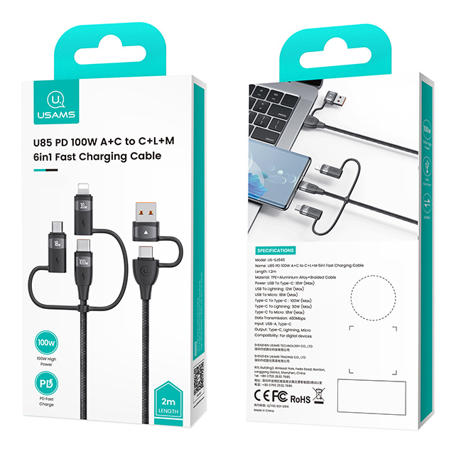 USAMS καλώδιο USB/USB-C σε 3 in 1 US-SJ646, PD 100W, 2m, μαύρο