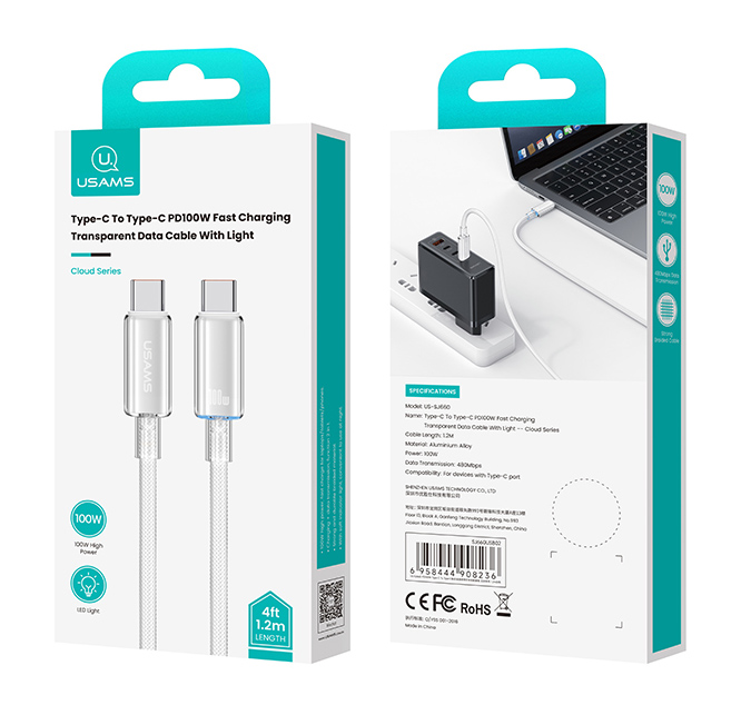 USAMS καλώδιο USB-C σε USB-C US-SJ660, 100W, 480Mbps, 1.2m, λευκό