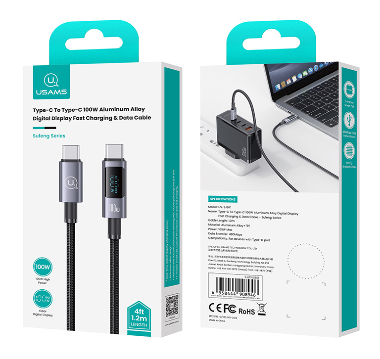 USAMS καλώδιο USB-C σε USB-C US-SJ671, 100W, 480Mbps, 1.2m, μαύρο