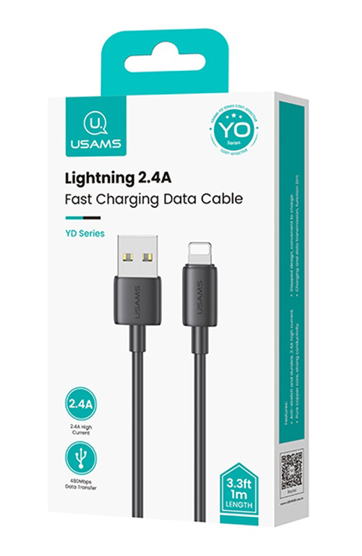 USAMS καλώδιο Lightning σε USB US-SJ709, 12W, 480Mbps, 1m, μαύρο