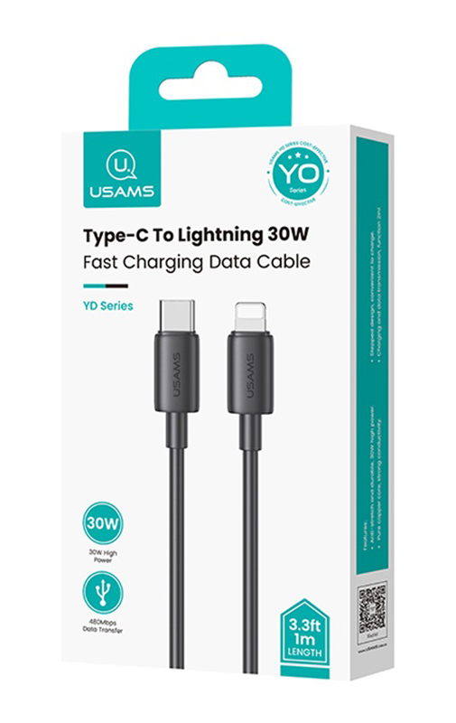 USAMS καλώδιο Lightning σε USB-C US-SJ712, 30W, 480Mbps, 1m, μαύρο