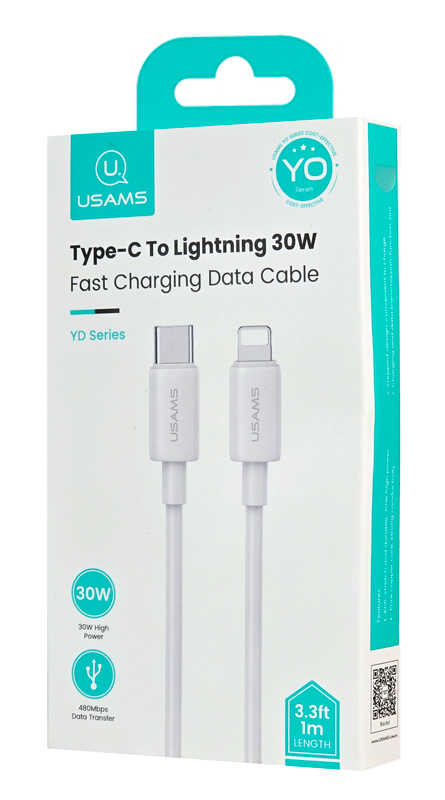 USAMS καλώδιο Lightning σε USB-C US-SJ712, 30W, 480Mbps, 1m, λευκό