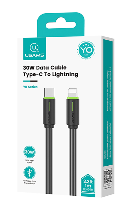 USAMS καλώδιο Lightning σε USB-C US-SJ735, 30W, 480Mbps, 1m, μαύρο