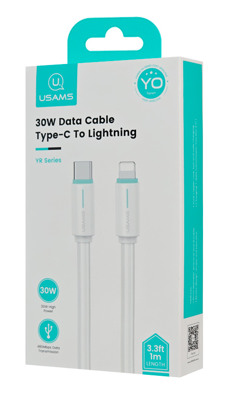 USAMS καλώδιο Lightning σε USB-C US-SJ735, 30W, 480Mbps, 1m, λευκό