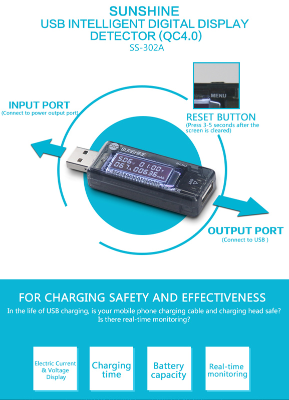 SUNSHINE USB tester φόρτισης SS-302A, V/A/Time/mAh