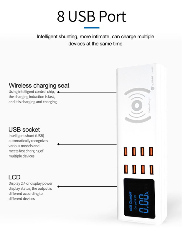 SUNSHINE σταθμός φόρτισης SS-309WD, 8x USB 8A, wireless 10W, λευκός