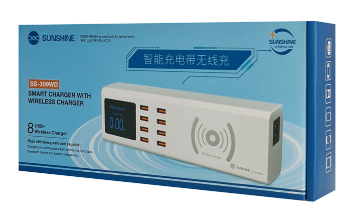 SUNSHINE σταθμός φόρτισης SS-309WD, 8x USB 8A, wireless 10W, λευκός