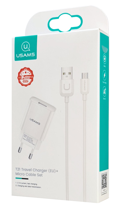 USAMS φορτιστής τοίχου T21OCMC01 με καλώδιο Micro USB, USB 2.1A, λευκός