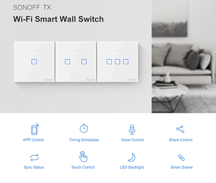SONOFF smart διακόπτης ΤΧ-T2EU2C, αφής, Wi-Fi, διπλός, λευκός