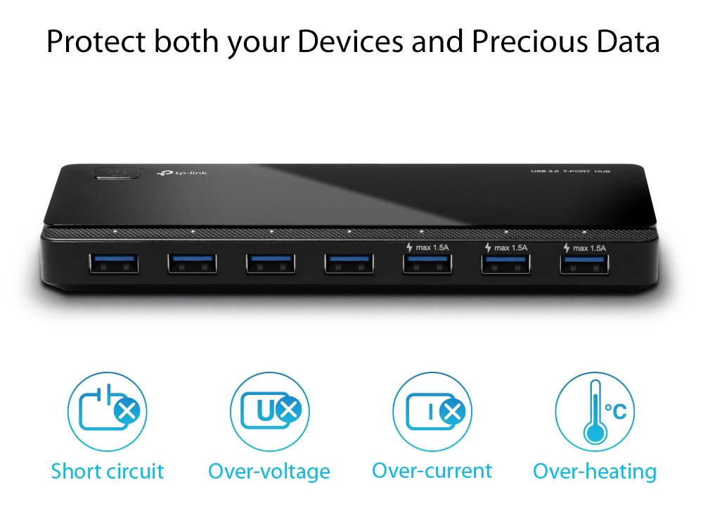 TP-LINK USB hub UH700, 7x θυρών, 5Gbps, 5V/1.5A, USB σύνδεση, μαύρο