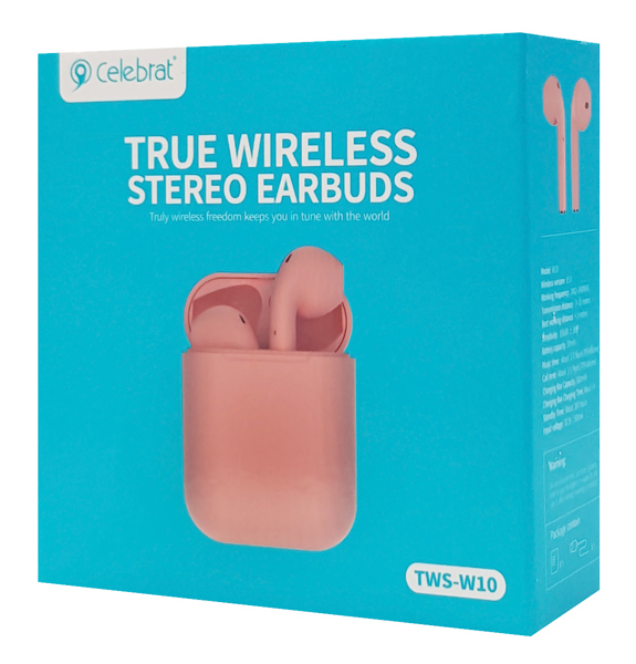 CELEBRAT earphones με θήκη φόρτισης W10, True Wireless, 30/300mAh, ροζ