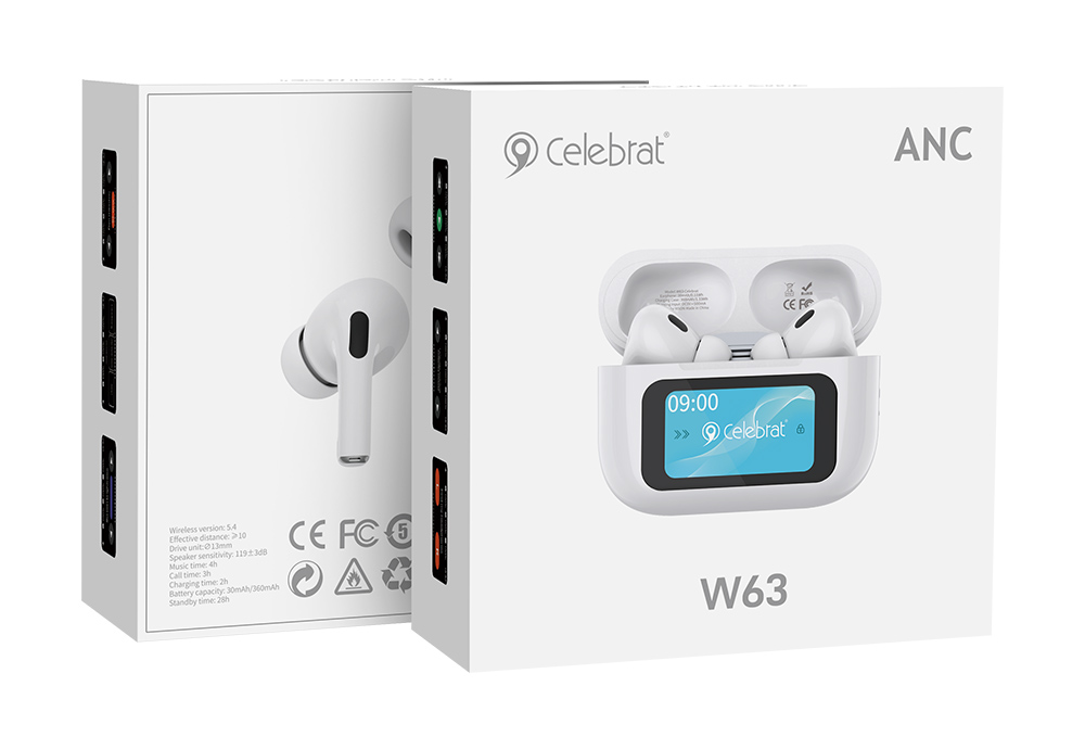 CELEBRAT earphones με θήκη φόρτισης W63, οθόνη αφής, TWS, ANC, 13mm, 30/360mAh, λευκό