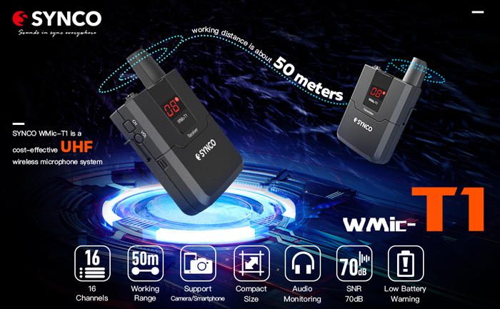 SYNCO ασύρματο μικρόφωνο Wmic-T1, ενσωματωμένο clip-on, UHF, γκρι