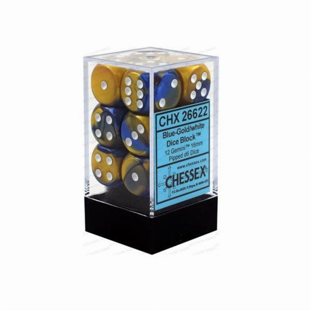Σετ Ζάρια – 12 Gemini 16mm Pipped d6 – Blue-Gold with White Dice Block
