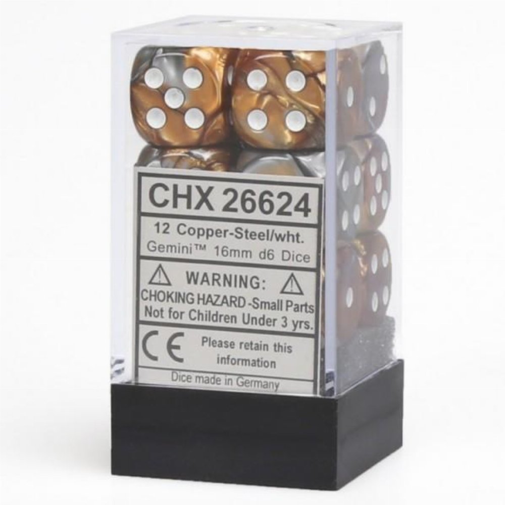Σετ Ζάρια – 12 Gemini 16mm Pipped d6 – Copper-Steel with White Dice Block