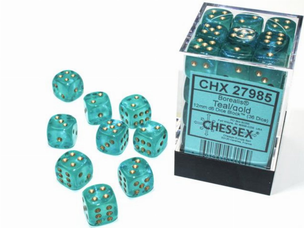 Σετ Ζάρια – 36 Borealis Luminary 12mm Pipped d6 – Teal with Gold Dice Block